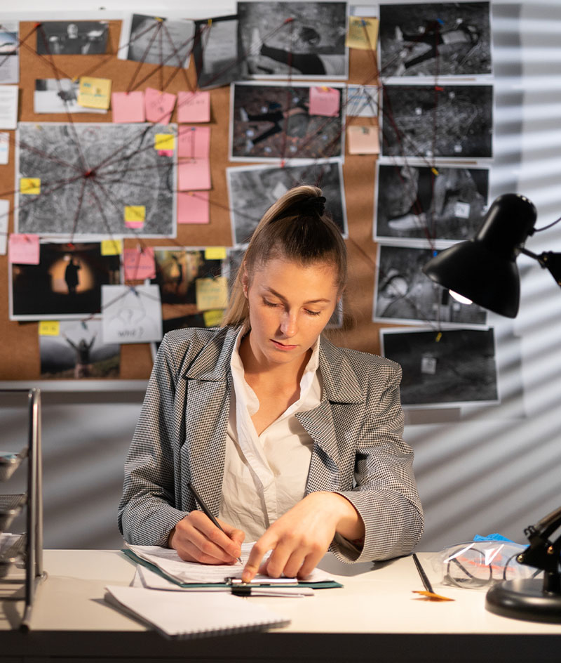 A person sits at a desk in a workspace arranged like an investigation or analysis area, writing notes on a clipboard. Behind the desk, a large corkboard is covered with black‑and‑white photographs, maps, string connections, and colorful sticky notes arranged in a web-like pattern. A desk lamp, notebooks, papers, and office supplies are visible in the foreground. Light from window blinds casts striped shadows across the room, creating a focused, investigative atmosphere.