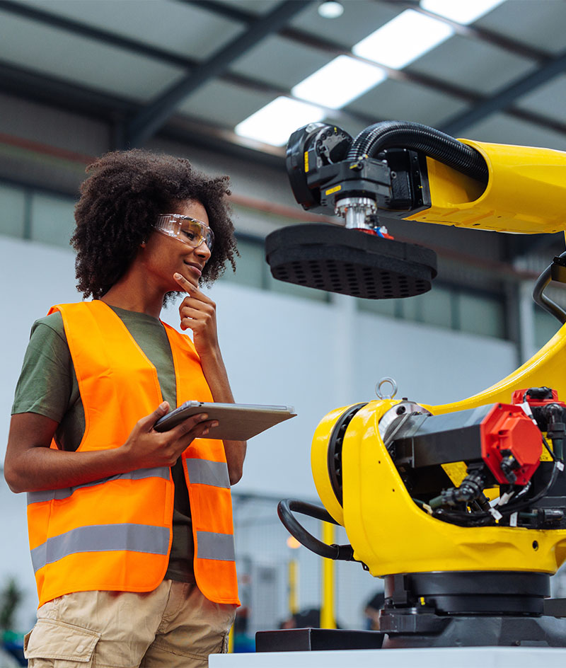 A worker wearing a high‑visibility safety vest stands inside an industrial facility, holding a tablet while inspecting a large yellow robotic arm used in automated manufacturing, with factory equipment and structural beams visible in the background.